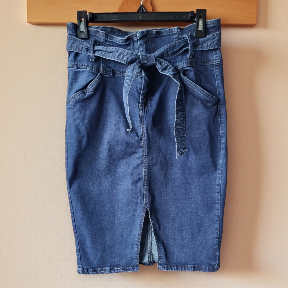Suko Jeans Dark Blue Denim High Waised Women's Belted Pencil Skirt Size 10